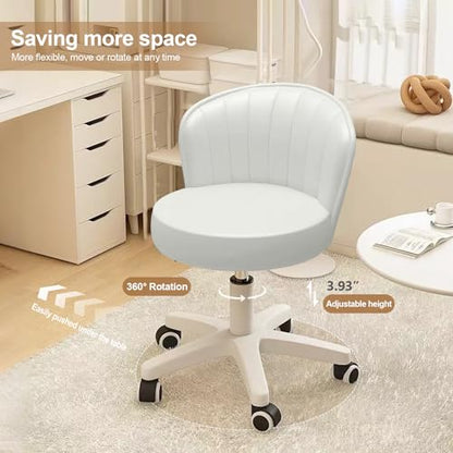 Small Round Rolling Desk Chair Armless Comfy Vanity Computer Chair with Low Backrest PU Leather Height Adjustable Swivel Work Spa Chair - color: White, style: Set of 2 with backrest