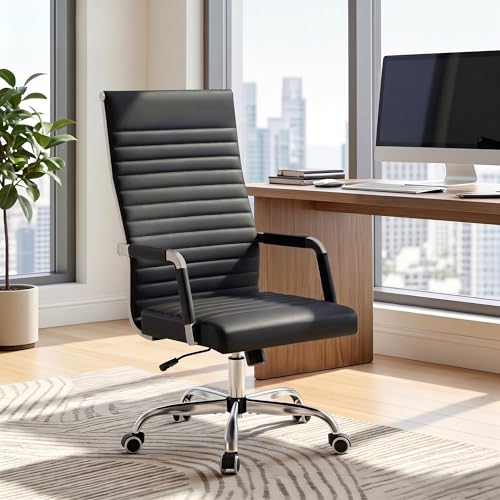 Furmax Ribbed Office Chair High Back PU Leather Executive Conference Chair Adjustable Swivel Chair with Arms, Black - color: Black