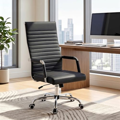 Furmax Ribbed Office Chair High Back PU Leather Executive Conference Chair Adjustable Swivel Chair with Arms, Black - color: Black