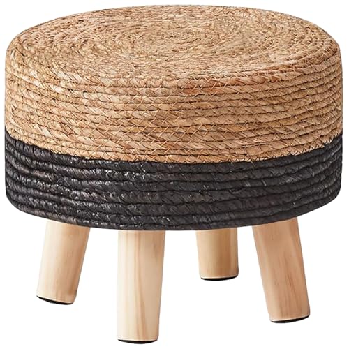 Wimarsbon Round Foot Stool Natural Seagrass Poufs Ottoman Hand Weave Footrest Stool for Couch Desk Extra Seat Step Stool with Solid Wood Legs for Hallway Patio Lounge Black - color: Black, size: 13"D x 13"W x 10.6"H