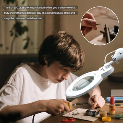 Bifocals Magnifying Desk Lamp with Clamp, 5 Diopter with 20 Diopter, 6 Inch Detachable Lens and 120PCS LEDs, 3 Color Modes 1200 Lumens Swivel Arm Magnifying Lamp with Light for Crafts (White) - color: White