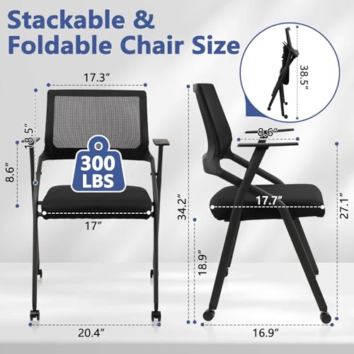 CLATINA Stackable Foldable Conference Room Chairs with Wheels, Portable Padded Office Desk Chair with Lumbar Support and Armrest for Training Room, Guest, Reception, Black (2pk)