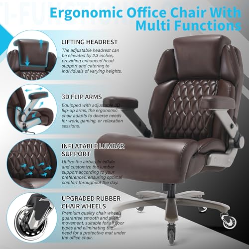 Big and Tall Office Chair 700lbs, Ergonomic High Back Computer Desk Chair | Adjustable Headrest&Lumbar Support, 3D Flip Arms, Large Wheels, Heavy Duty Metal Base, Thick Padded Wide Seat Executive Chair - color: Brown