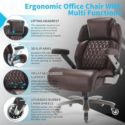 Big and Tall Office Chair 700lbs, Ergonomic High Back Computer Desk Chair | Adjustable Headrest&Lumbar Support, 3D Flip Arms, Large Wheels, Heavy Duty Metal Base, Thick Padded Wide Seat Executive Chair - color: Brown