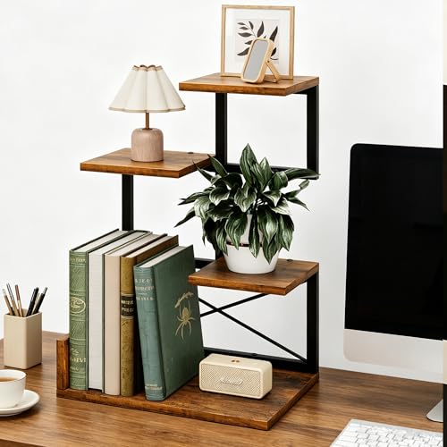 Desk Shelf Organizer, 4 Tier Desk Hutch Small Bookshelf, Wood Desktop Organizers Storage Rack and Freestanding Display Shelf for Office Decor and Desk Accessories (Brown) - color: Brown
