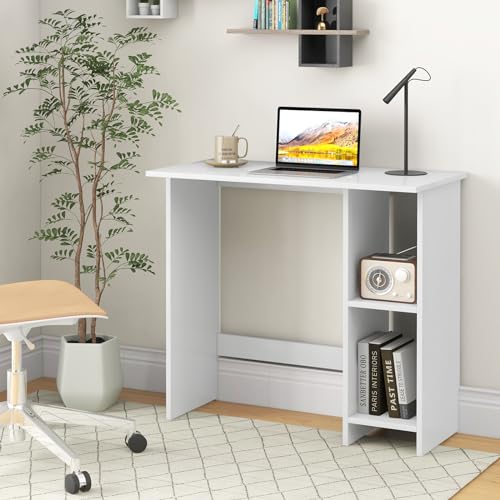 GOFLAME Small Computer Desk with Storage, Modern Writing Desk with Adjustable Shelf, Space Saving Laptop PC Desk with Anti-Toppling Kit, Wooden Study Desk for Home Office, White