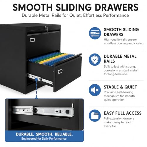 2 Drawer Lateral File Cabinet with Lock, Metal Filing Cabinet for Legal Letter and A4 Files, Black Cold Rolled Steel Office Storage Cabinet, Compact Lockable File Organizer - size: 2 Drawers
