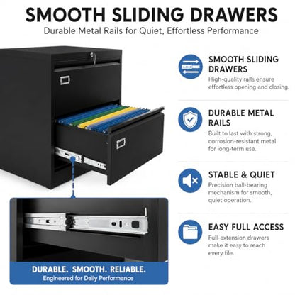 2 Drawer Lateral File Cabinet with Lock, Metal Filing Cabinet for Legal Letter and A4 Files, Black Cold Rolled Steel Office Storage Cabinet, Compact Lockable File Organizer - size: 2 Drawers