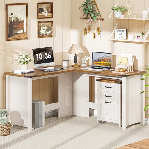 Vabches Farmhouse 50.39" L Shaped Executive Desk, Unique White | Wood Corner Computer Desk for Home Office Work and Study, Sturdy Writing Workstation - color: 50.39in Unique White With L-shaped