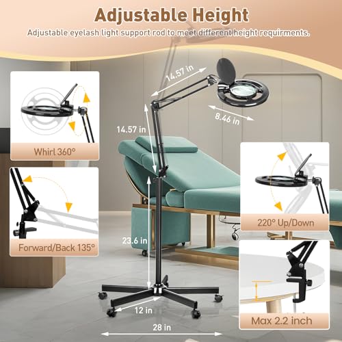 HITTI 2200 Lumens 12X Magnifier Esthetician Light, 5 Wheel Rolling Base - color: Black