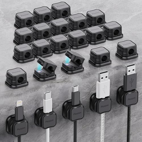 24 Pack Magnetic Cable Clip Organizer Cord Holder, Picozon Adhesive Cable Management, Wire Phone USB Charger Cable Holder, Keeper Organizer for Office Home Desktop Table - Black - size: Pack of 24