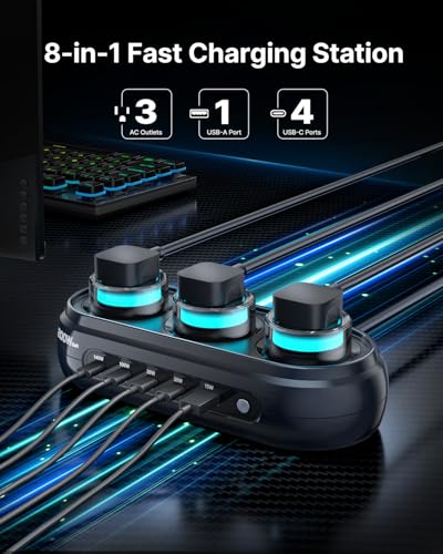 200W GaN Desktop Charging Station, 8-in-1 Desk Accessories with RGB Lights | 140W PD3.1 Fast Charger, Gaming Accessories with 3 AC 5 USB, RGB Lights with 7 Customizable Colors for Gaming & Office Setup
