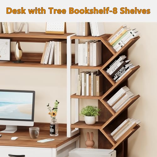 YOMILUVE 52" Computer Desk with Bookshelf, 5 Drawers ＆ Hutch for Bedroom | Office Desk with Printer Shelf, Study Writing Desk with Storage Shelves, Brown and White - color: Brown and White