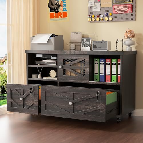 Gray Lateral File Cabinet with Lock, 2 Drawer Rolling Filing Cabinet for Home Office, Mobile Storage Cabinet with Open Shelves & Sliding Door, Fits Legal/Letter/A4 Files, Herringbone Design - color: Gray Herringbone-2 Drawers