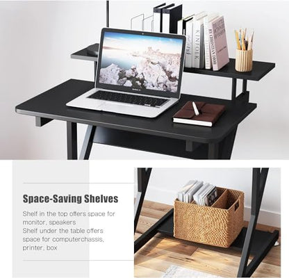 Dripex Computer Desk for Small Spaces, 27.5 inch Small Computer Desk, 3 Tier Compact Desk with Monitor Shelf and Bottom Storage Shelves, Space Saving Desk, Black - color: Black
