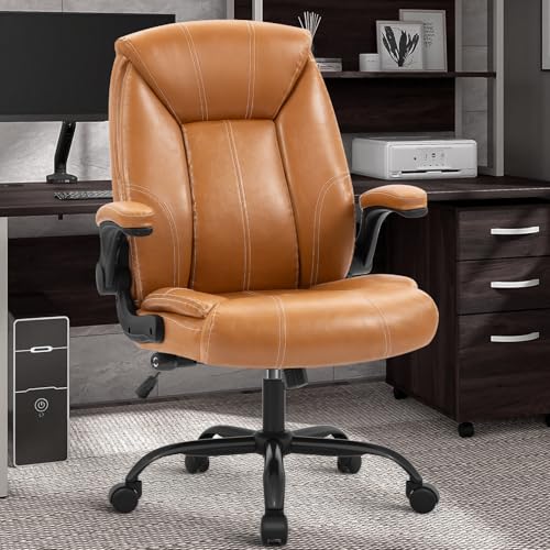 Executive Office Chair,Big and Tall Ergonomic Desk Chair with Adjustable Lumbar Support,Breathable PU Leather Computer Chair wih Flip-up Arms and Wheels, Camel - color: Camel-