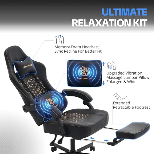 Desk Computer Gaming Chair - Ergonomic Game Office Chair with Extended Footrest and Massage Lumbar Support, Home Gamer Video Game Chairs with Spring Cushion for Adults (Pro Black Leather) - color: Pro Black Leather