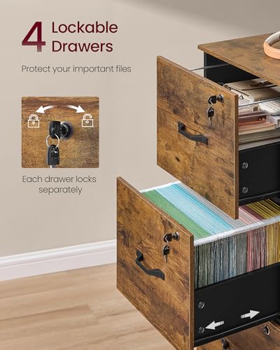 VASAGLE 4 Drawer File Cabinet with Locks, for A4, Letter Sized Documents - color: Rustic Brown + Black, size: 4 Drawers