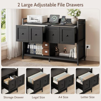 Filing Cabinet for Home Office, 43" Wood File Cabinet with Power Outlet, 2 Drawers, 2 Open Storage Shelves, Black Lateral File Storage Fits Legal/Letter/A4 Size, Printer Stand with Bookshelf Organizer