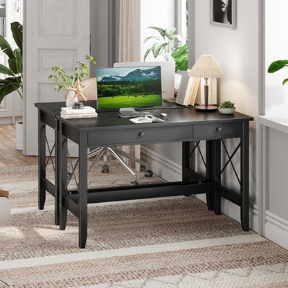JSB 43.3 Inch Black Computer Desk with 2 Drawers for Home Office Bedroom - color: Black, size: 43.3 inch