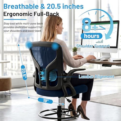 Drafting Chair for Standing Desk, Tall Office Chair with 22"-30" Seat Height &7" Lift Footrest Ring, Ergonomic Executive Mesh Computer Counter Stool with Lumbar Support &Flip-up Arms for Artist - color: Navy