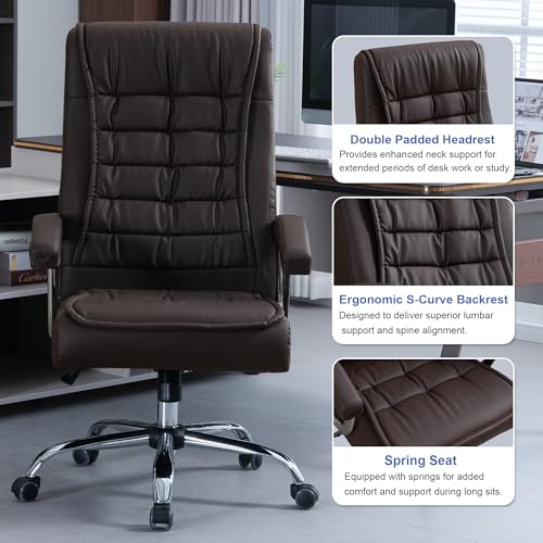 Executive Office Chair Adjustable Leather Chair High Back Swivel Office Desk Chair with Padded Armrest 350lbs Load-Bearing Spring Seat Computer Desk Chair for Home Office, Brown - color: Brown