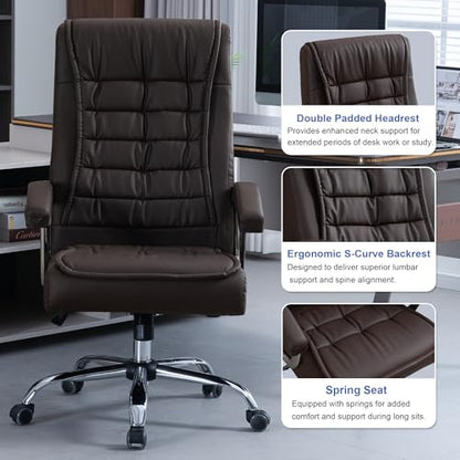 Executive Office Chair Adjustable Leather Chair High Back Swivel Office Desk Chair with Padded Armrest 350lbs Load-Bearing Spring Seat Computer Desk Chair for Home Office, Brown - color: Brown