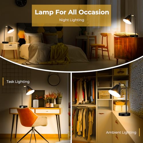 Industrial Dimmable Desk Lamp with 2 USB Charging Ports AC Outlet, Touch Control Bedside Nightstand Reading Lamp Flexible Head, Black Metal Table Lamp for Bedroom Office Living Room, Bulb Included
