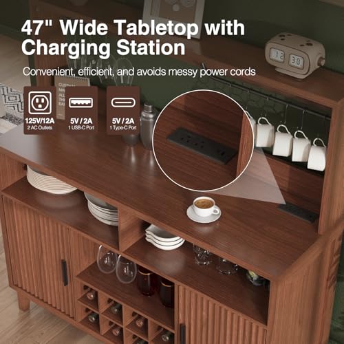 Fluted Buffet Cabinet with Storage, Modern Coffee Bar Cabinet, Walnut - color: Walnut, size: Coffee Bar - 15.6"D x 47.2"W x 49.6"H