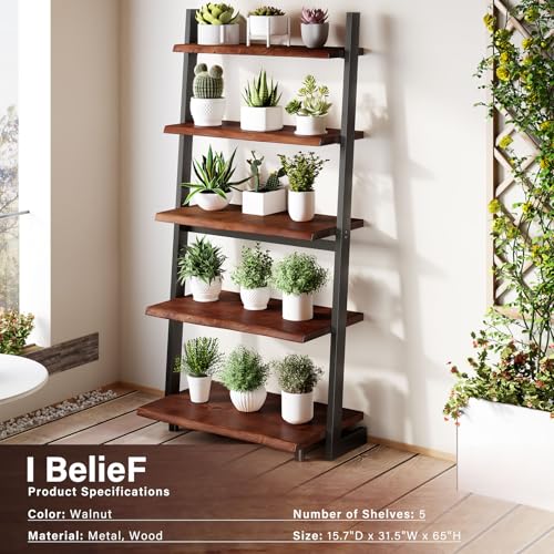 IBF 5-Tier Solid Wood Ladder Bookshelf with Natural Live Edge | Rustic Walnut Storage & Display Leaning Bookcase, Modern Space-Saving Shelf for Living Room, Bedroom, Home Office - size: 5 Tier