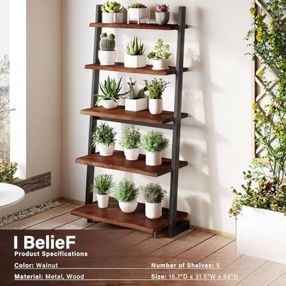 IBF 5-Tier Solid Wood Ladder Bookshelf with Natural Live Edge | Rustic Walnut Storage & Display Leaning Bookcase, Modern Space-Saving Shelf for Living Room, Bedroom, Home Office - size: 5 Tier