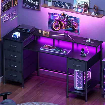 Korfile 47 Inch Gaming Computer Desk with Power Outlets,LED,5 Drawers,Black - color: Black, size: 47 Inch