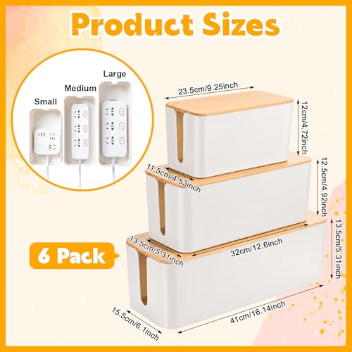 Novabright 6 Pack Cable Management Box 3 Sizes Cord Organizer Boxes with Bamboo Lids for Power Strip to Hide Wires, Flame Retardant ABS for Home & Office Desk Cable Concealer(White) - color: White
