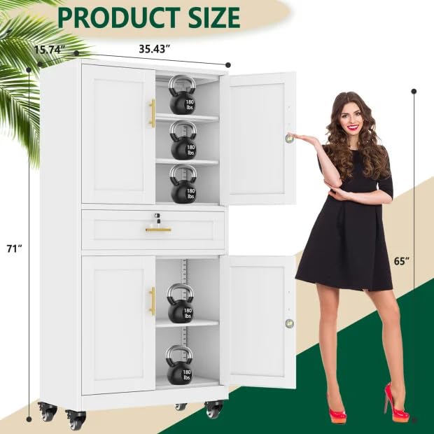 winiowa 71" Tall Metal Garage Storage Cabinet with Wheels and Locking Doors, Locking Rolling Tool Cabinet with Drawer and 3 Adjustable Shelves for Garage,Home,Office (White) - color: White-drawer