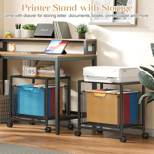 JKsmart Under Desk Storage, Printer Stand with Drawer, Rolling File Cabinet with Adjustable Table Top, 2 Tier Industrial Shelf on Fixed Feet Wheels, Sofa Side Table Organizer for Home, Office, Black
