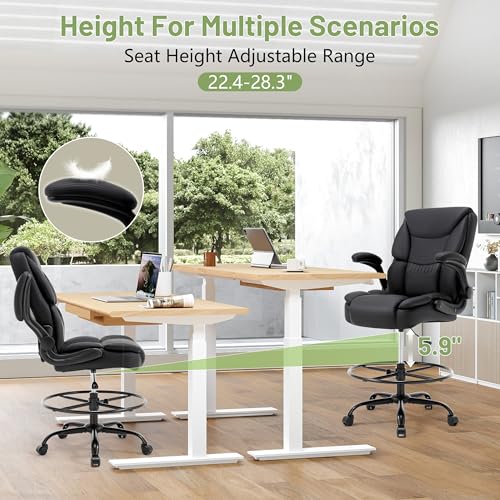 500LBS Drafting Chair, High Back Safer Standing Desk Chair, Executive Tall Office Chair with Flip-up Armrests, Upholstered PU Leather Task Chair, Ergonomic Seat with Adjustable Height&Foot Ring, Black - color: Black
