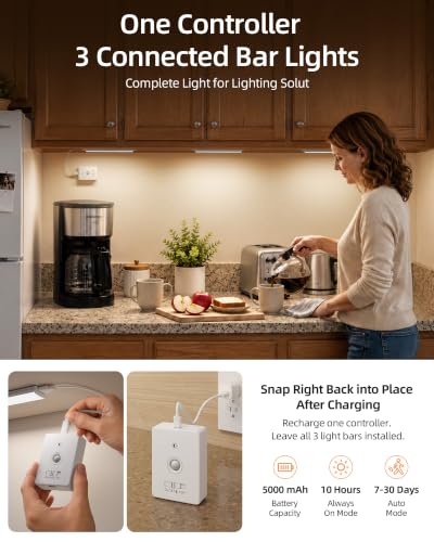 EZVALO Wireless Under Cabinet Lighting System, Ultra-Bright Task Lighting | 360LM, Motion Sensor, 5000mAh Rechargeable Switch Controller, 3Pcs x12 Inch, Dimmable, 3 Color Temps, 4 Work Modes
