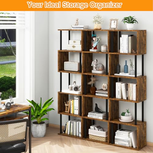 IBUYKE 6-Tier Tall Bookshelf,S-Shaped Geometric Bookcase,Brown WBC016H - color: Rustic Brown, size: 6 Tier
