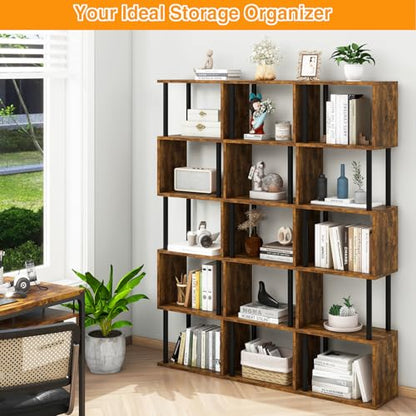 IBUYKE 6-Tier Tall Bookshelf,S-Shaped Geometric Bookcase,Brown WBC016H - color: Rustic Brown, size: 6 Tier