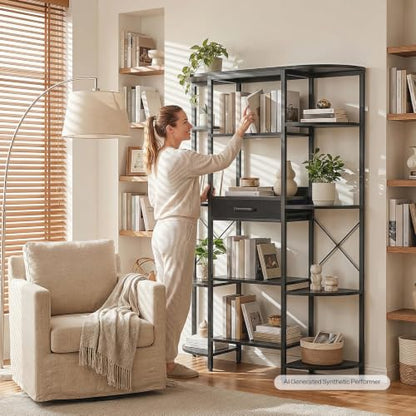 HOOBRO Triple Column 5 Tier Book Shelf, Industrial Bookcase with 12 Open Display Shelves and Fabric Drawer, Wide Bookshelf for Home Office, Living Room, Easy Assembly, Black BB161SJ01