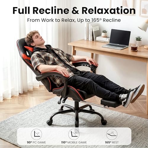 Gaming Chair, Ergonomic Computer Chair with Footrest and Lumbar Support, Height Adjustable Office Chair with 360° Swivel Seat and Headrest (Red & Black) - color: Red & Black