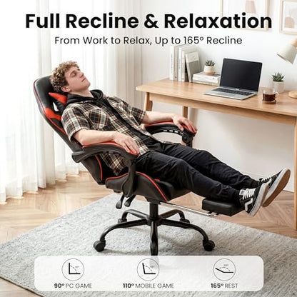 Gaming Chair, Ergonomic Computer Chair with Footrest and Lumbar Support, Height Adjustable Office Chair with 360° Swivel Seat and Headrest (Red & Black) - color: Red & Black