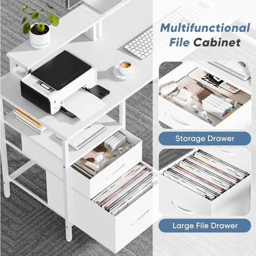 L Shaped Gaming Desk with Power Outlet & 2 Monitor Stands, Computer Desk with Drawer & Adjustable Storage Shelves, Large Corner Desks for Home Office, White