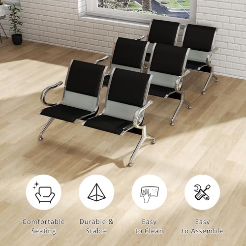Kinfant Waiting Room Chairs Set- 2-Seat PU Leather Office Chair Guest Reception Waiting Room Bench Furniture for Airport, Hospital, Bank, Salon, Barbershop(Black, Set of 3) - size: 6 Seat
