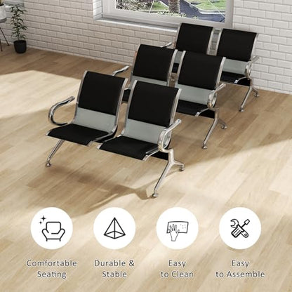 Kinfant Waiting Room Chairs Set- 2-Seat PU Leather Office Chair Guest Reception Waiting Room Bench Furniture for Airport, Hospital, Bank, Salon, Barbershop(Black, Set of 3) - size: 6 Seat