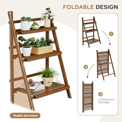 Ladder Shelf, Foldable Plant Shelf Stand, 3-Tier Bamboo Bookshelf, 39.4In - color: 3-tier Walnut