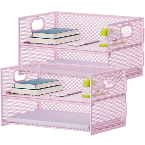 Marbrasse 2 Tier Paper Organizer Letter Tray, Mesh File Organizer with Handle, Paper Sorter Desk Organizer for Home Office Supplies - 2P Pink - color: Pink 2-pack