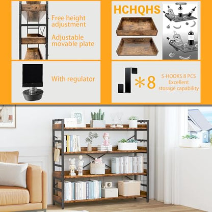 HCHQHS 4 Tier Bookshelf, Adjustable Industrial Bookcase, Vertical Tall Book Shelf, Wood and Black Metal Open Bookshelves for Home Office, Living Room, Bedroom - color: Rustic Brown, size: 4-Tier (47"W x 44"H)