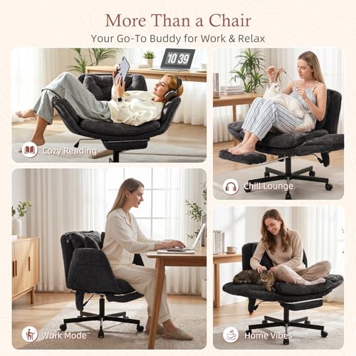 Criss Cross Office Chair with Footrest and 5-Gear Adjustable Arms, Black | Wide seat cross-legged desk chair, flip lumbar pillow, airbag support, chenille fabric, for home office vanity and meditation - color: Black-chenille