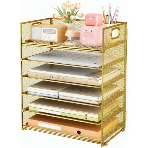 6 Trays Paper Organizer with Handle - Mesh Desk File/Letter Paper Sorter Organizer for Office, Home or School (Gold) - color: Gold
